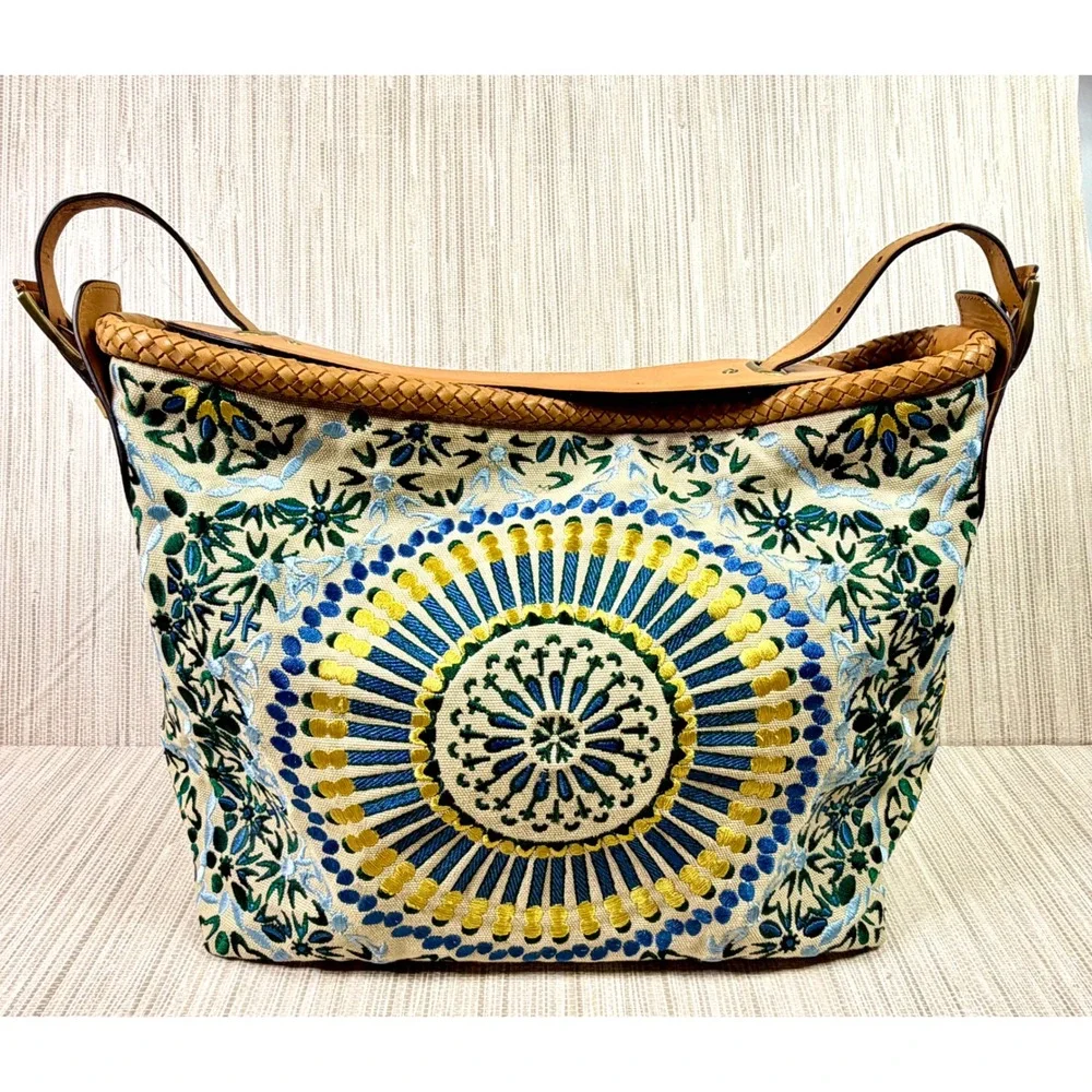 Cole Haan Embroidered Canvas Hobo Bag Tan Leather Trim Blue Green Floral Boho